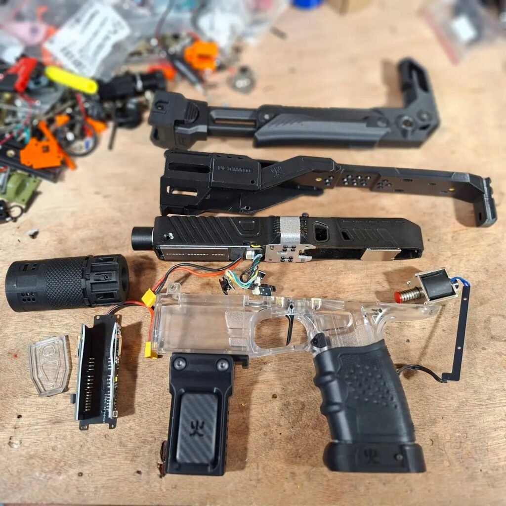 破冰遊戲工作室維修台上，拆解開來的軟彈發射器零件